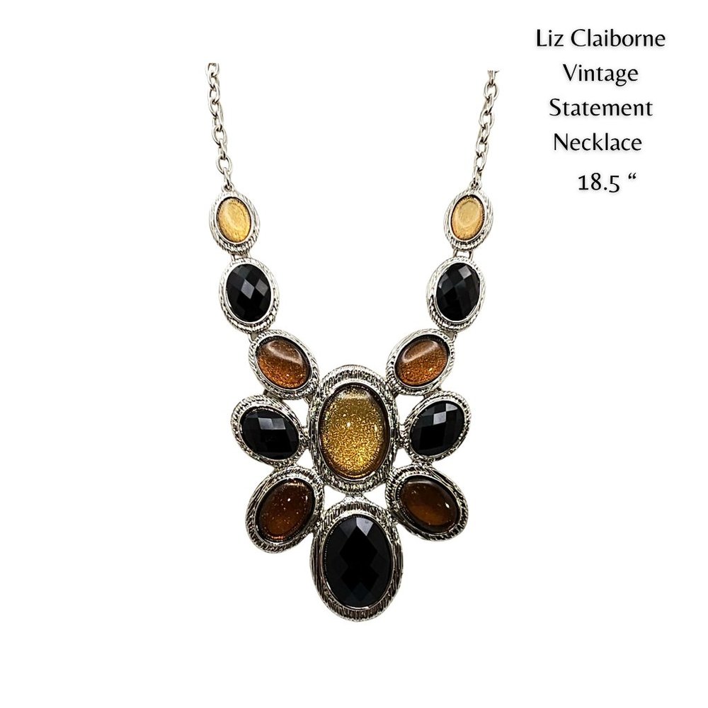 Liz Claiborne Vintage Silver Statement Necklace Black Shimmery Gold & Topaz 18.5